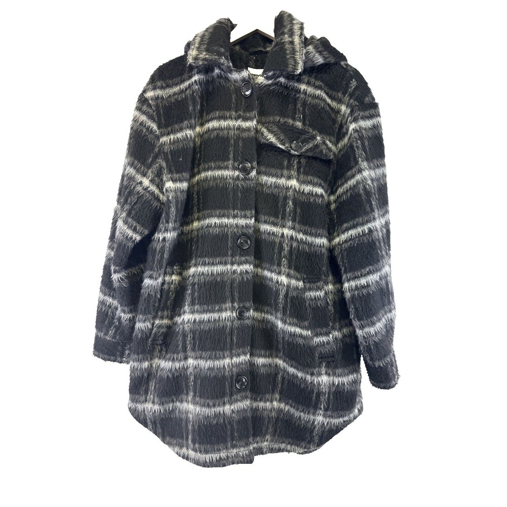 Ana A New Approach Coat Black Plaid Fuzzy Hooded Button Shacket Pockets Women XL